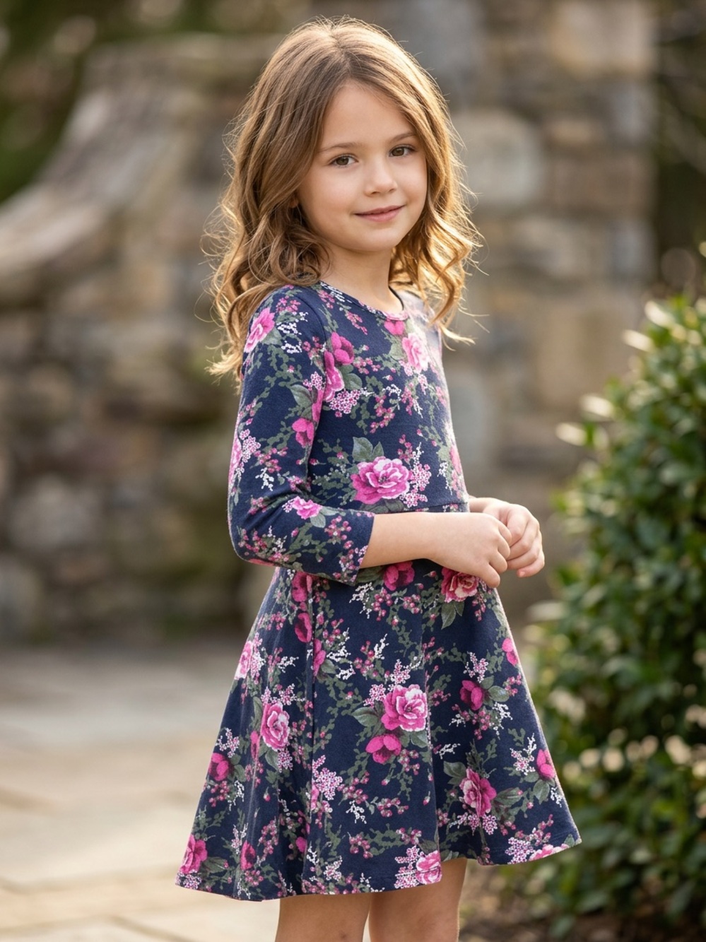 Joe Fresh Navy Floral Fit-and-Flare Dress with Pink Roses - Picture 1 of 2